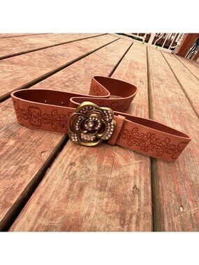 Brown Elastic Belt With Rhinestone Flower Buckle & Embossed Scroll Design Size 1
